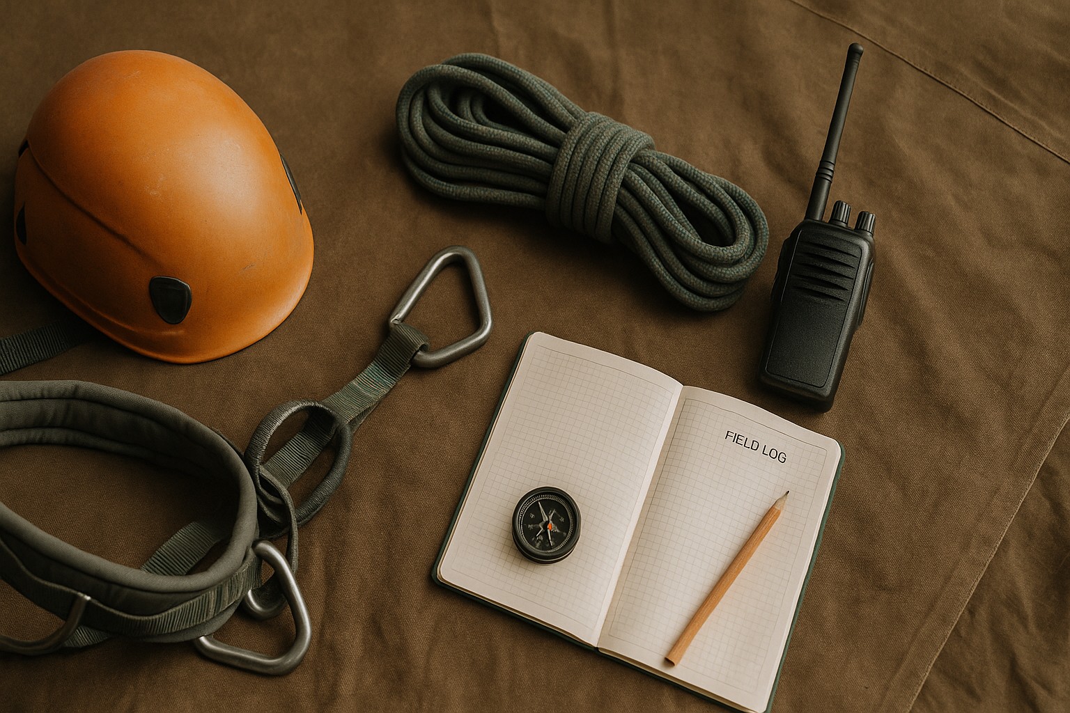 Safety gear, field logbook and comms laid out for operations